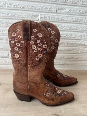 Shyanne Embroidered Cowboy Boots Brown Leather Floral Western Boho festival- 7.5